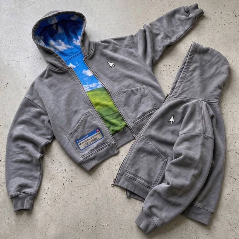 Y2K Retro Bliss Zip Hoodie XP Operating System Print Pattern Sweatshirt American Fashion Casual Streetwear Unisex Boxy Clothing 261019