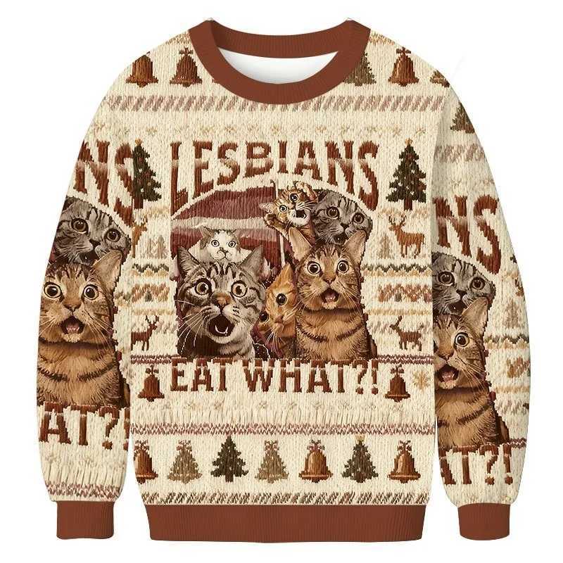 Funny Christmas Ugly Sweatshirt Men's Cat Printed Autumn Long Sleeve O-Neck Chic Pullover Holiday Colorblock New Year Clothing T261019