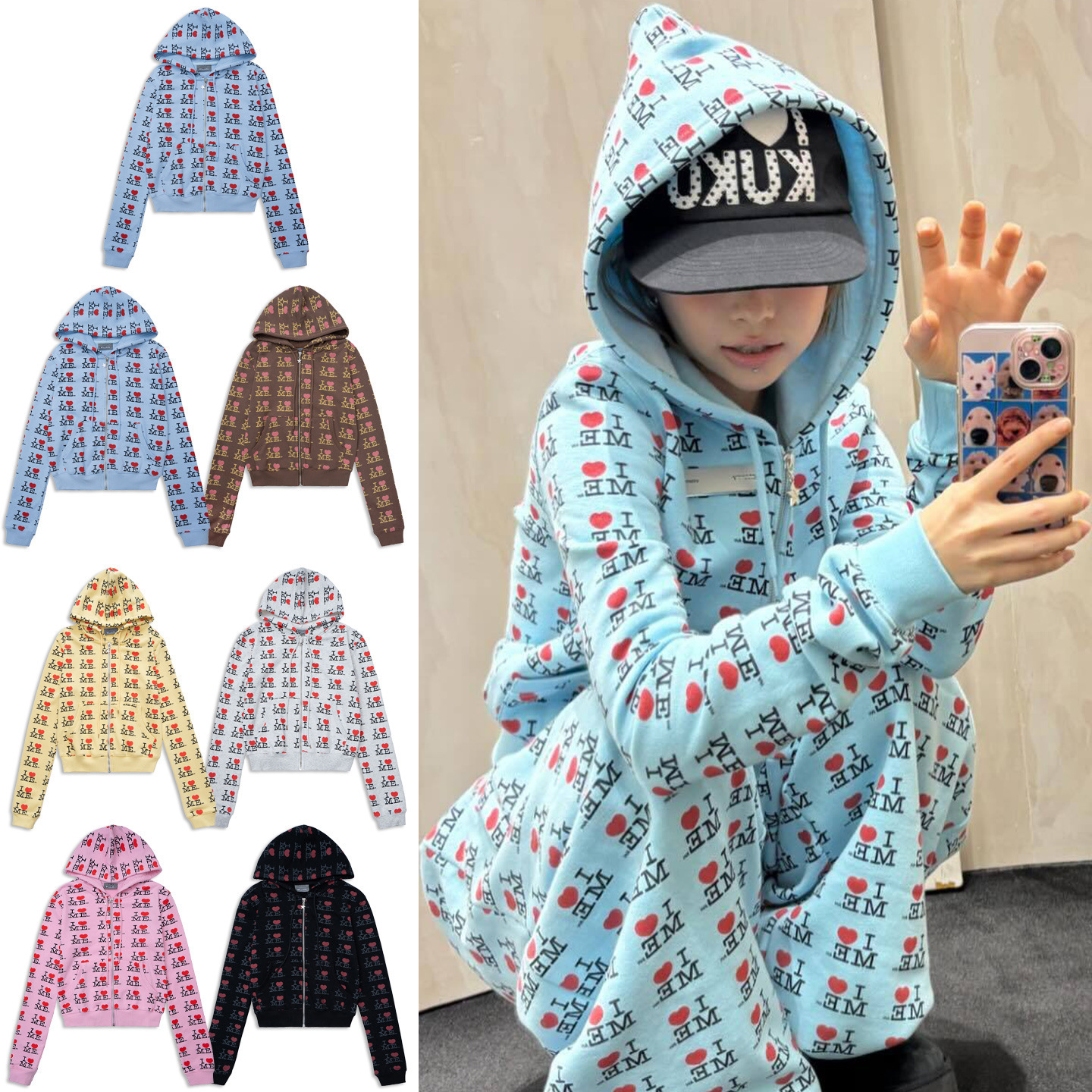 Korean Luxury goods designer niche fashion brand Ashley heart letter all-over print zip-up short fleece jacket