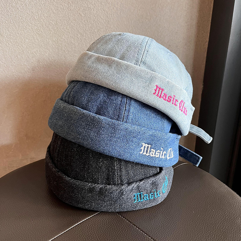 Luxury Cap Brand Designer Hat Japanese-Style Chic Edgy Street Retro Washed Denim Beanie Women, Autumn And Winter Couple's Unique Brimless Hip-H