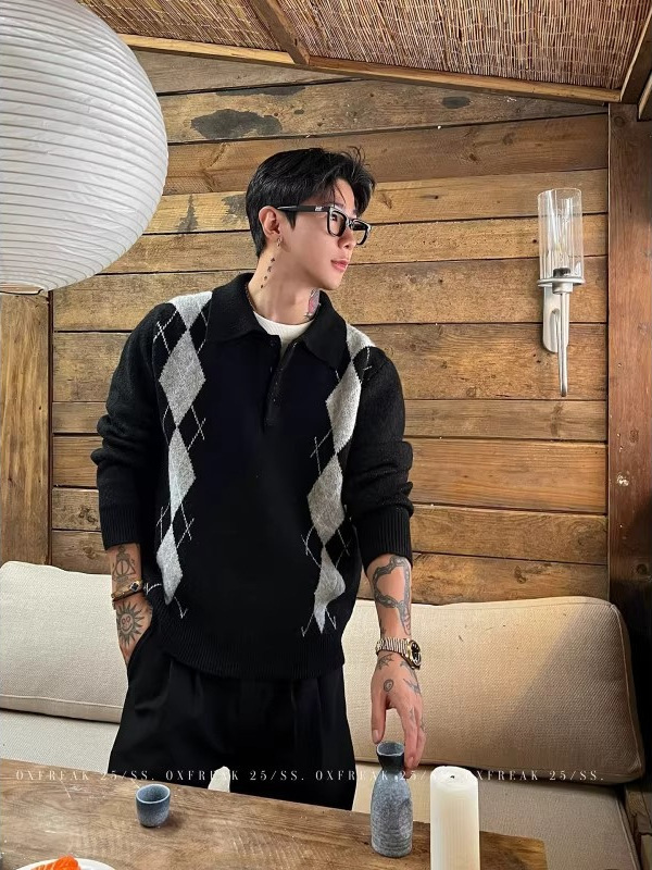 Luxury Designer Men Argyle Polo Sweater Lapel Collar Diamond Plaid Knit Pullover Vintage Streetwear Casual Jumper