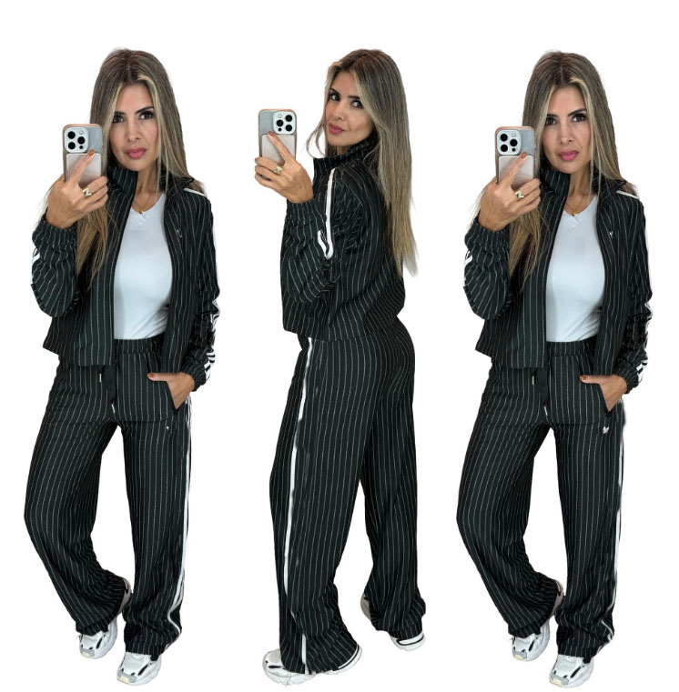 Striped black Tracksuit women's stand up collar zipper jacket loose wide leg pants casual two-piece sports set Lady Outfits