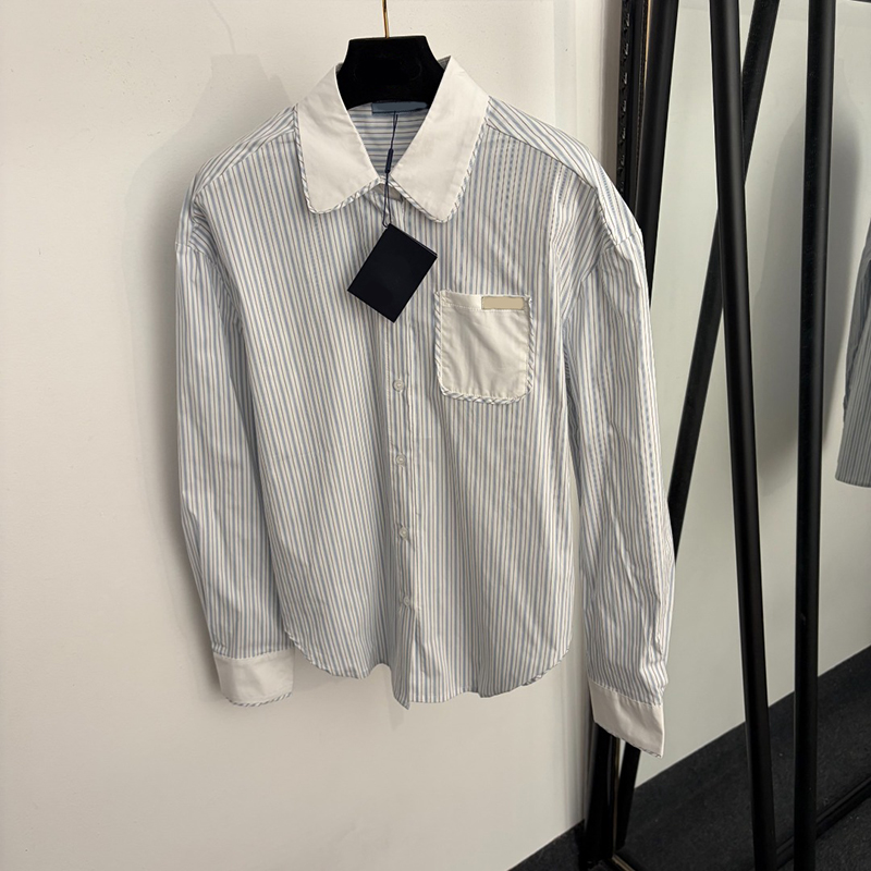 Designer Ladies Elegant Striped Blouse Patch Pocket Long Sleeve Loose Fit Shirt Spring Autumn Casual Daily Office Top