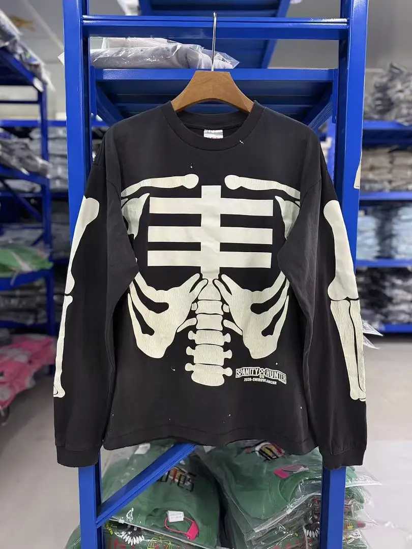 SS26 Saint Versatile Casual Crew Neck Washed Long-Sleeve T-Shirt Luminous Skull Print Women Men CasuL Oversized T shirts tees T261019