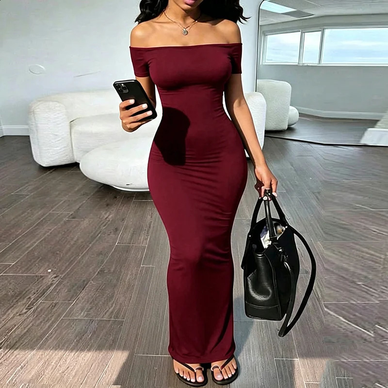 Women Summer Off Shoulder Maxi Dress Daily Commuter Solid Sleeveless Tube Top Bodycon Long Dress Casual Layering Inner Wear 261015