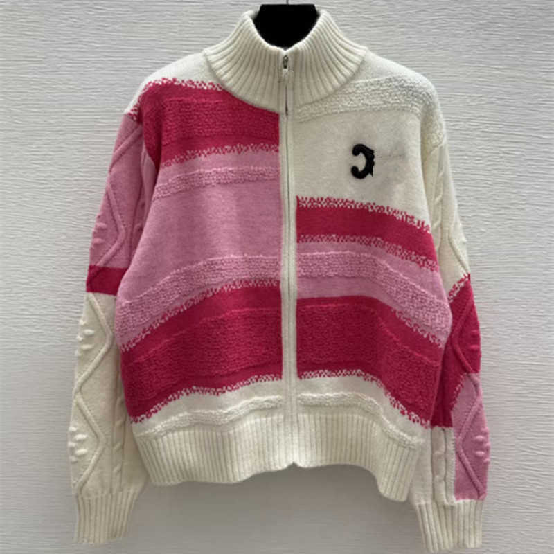 Women's Sweaters designer CE26 Autumn New Pink Gradient, Unique Design, Color-Blocked, Stand-Up Collar, Zippered Sweater for Women