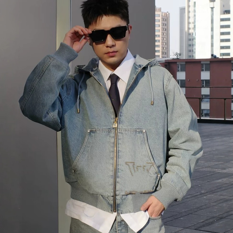 Nanyou High-Quality Autumn designer luxury New Collection: Pocketed, Letter-Embroidered, Zippered, Hooded Denim Work Jacket