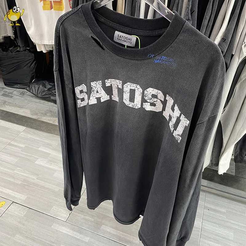 Oversize Vintage Washed Black White Satoshi Nakamoto Long Sleeve T Shirt Men Woman High Street Hole Old Fashion New Tees T261019