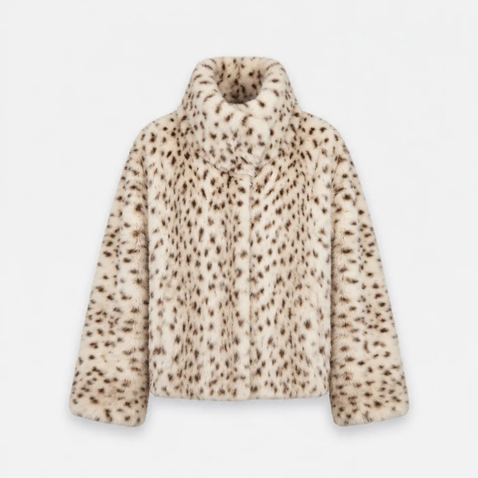 IG Women Leopard Spotted Faux Fur Large Foldover Stand Collar Cropped Jacket Long Sleeve Winter Warm Vintage Street Commuter Ou 261019