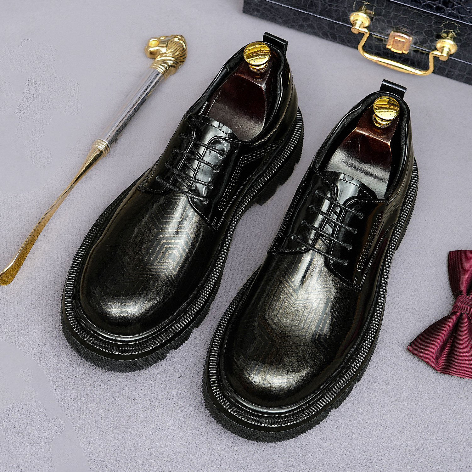 Men Patent Leather Derby Shoes Geometric Printed Pattern Thick Chunky Sole Lace Up Formal Wedding Business Dress Footwear Big Size 38-46