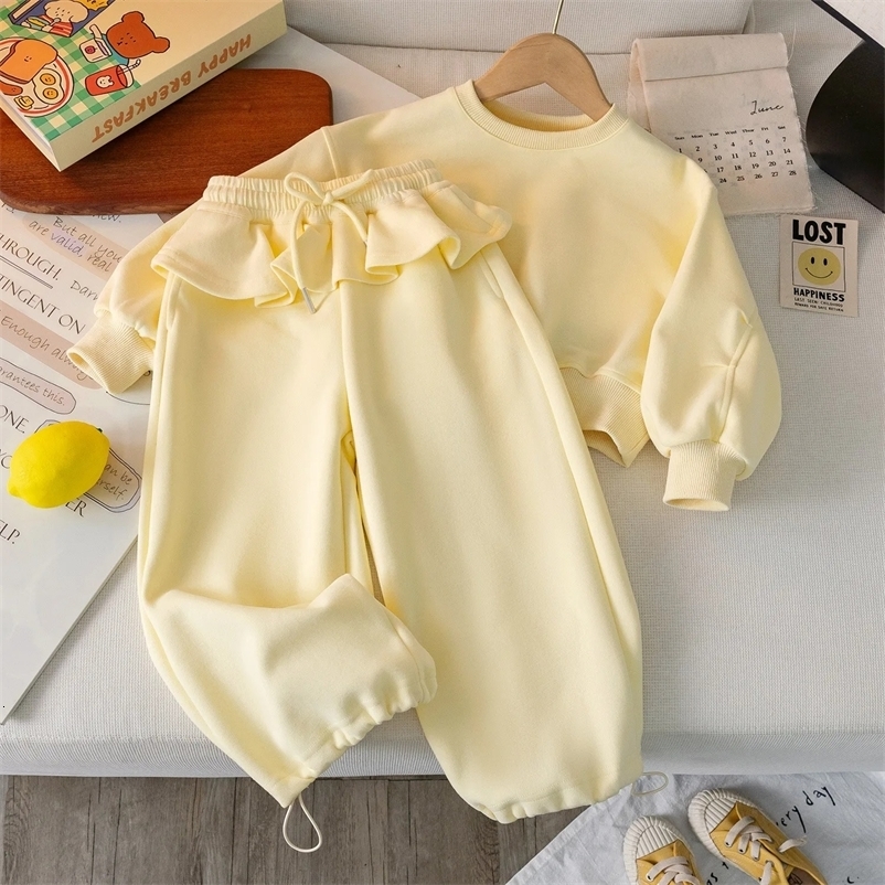 Hoodie Sweatpants Two-piece Set Grils Children Spring Autumn Korean Loose Casual Sporty Long Sleeves Solid 260929
