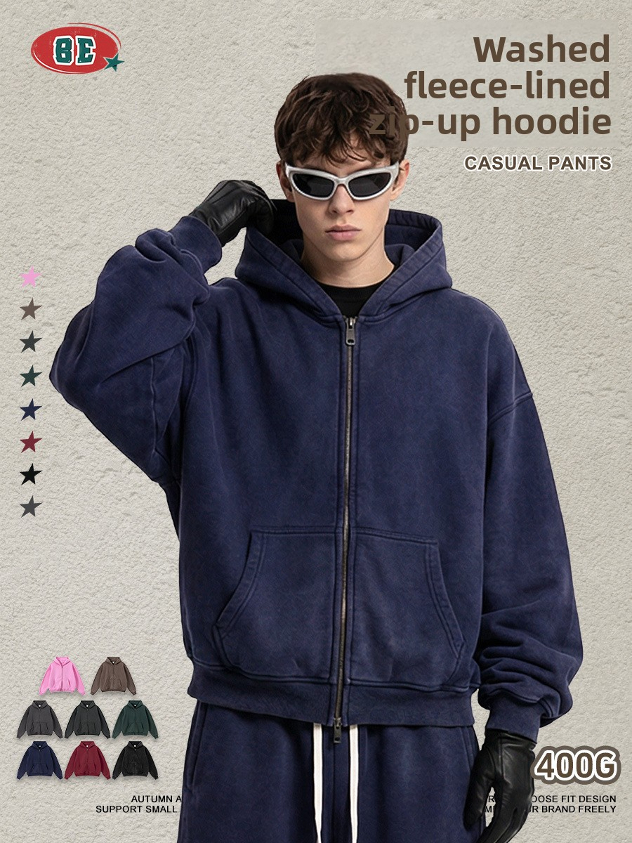 BE Men's Clothing|2026 European And American Retro Washed Vintage Boxy Fit Fleece-Lined Hooded Sweatshirt Double-Zip Jacket For Men Honglu