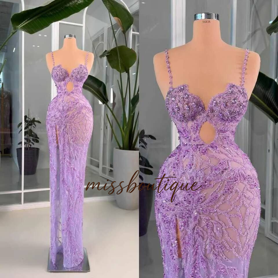 Sexy Spaghetti Strap Mermaid Prom Dress Purple 3D Flower Appliques Lace Evening Celebrity Gowns Customized Robe De Q017