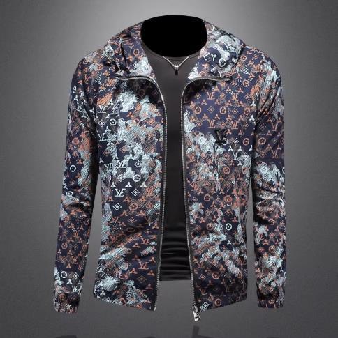New High Quality Men's Hooded Lightweight Jacket, Retro Monogram Print Zip Up Windbreaker, Slim Fit Long Sleeve Coat, Spring Autumn Casual Stre