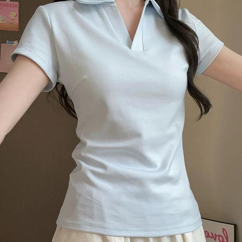 Designer Women's Slim Fit Short Sleeve Polo Shirt Solid Color Korean Style Cropped V-Neck Cotton Blend Top Summer Spring