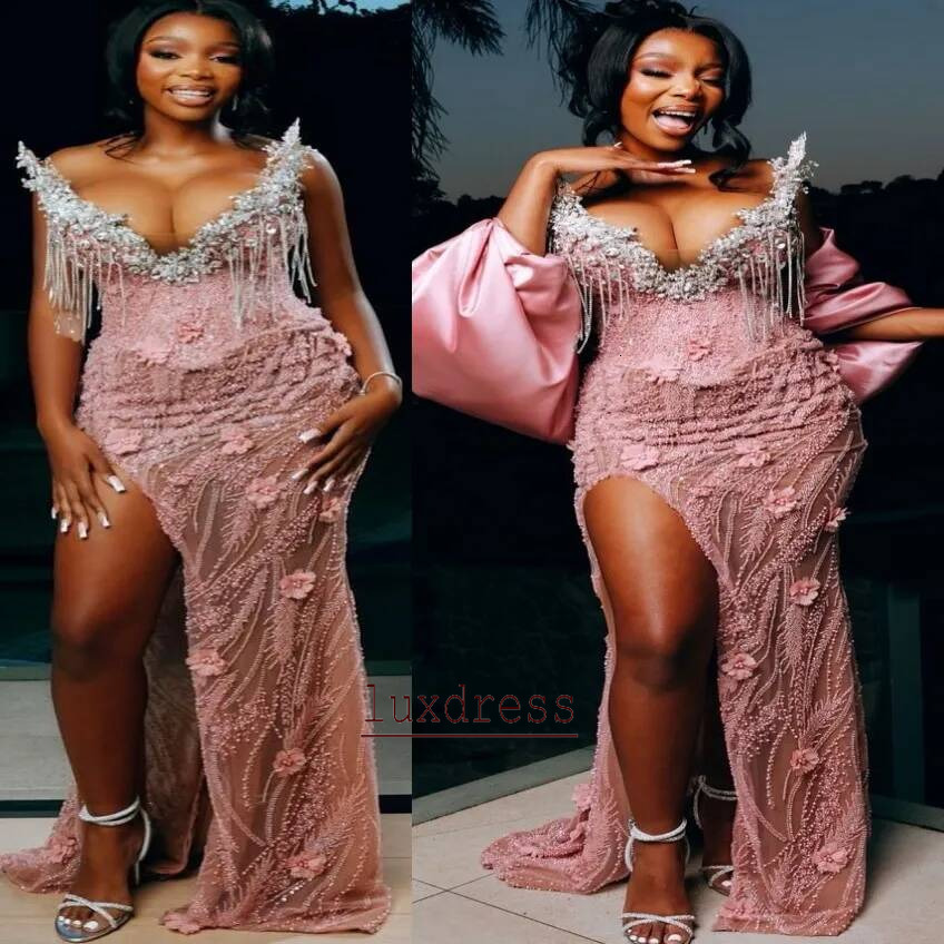 Aso Ebi Nigerian Mermaid Blush Pink Prom 2026 Flowers Crystals High Split Evening Dresses Birthday Formal Party Reception Second Long Dinner Dress