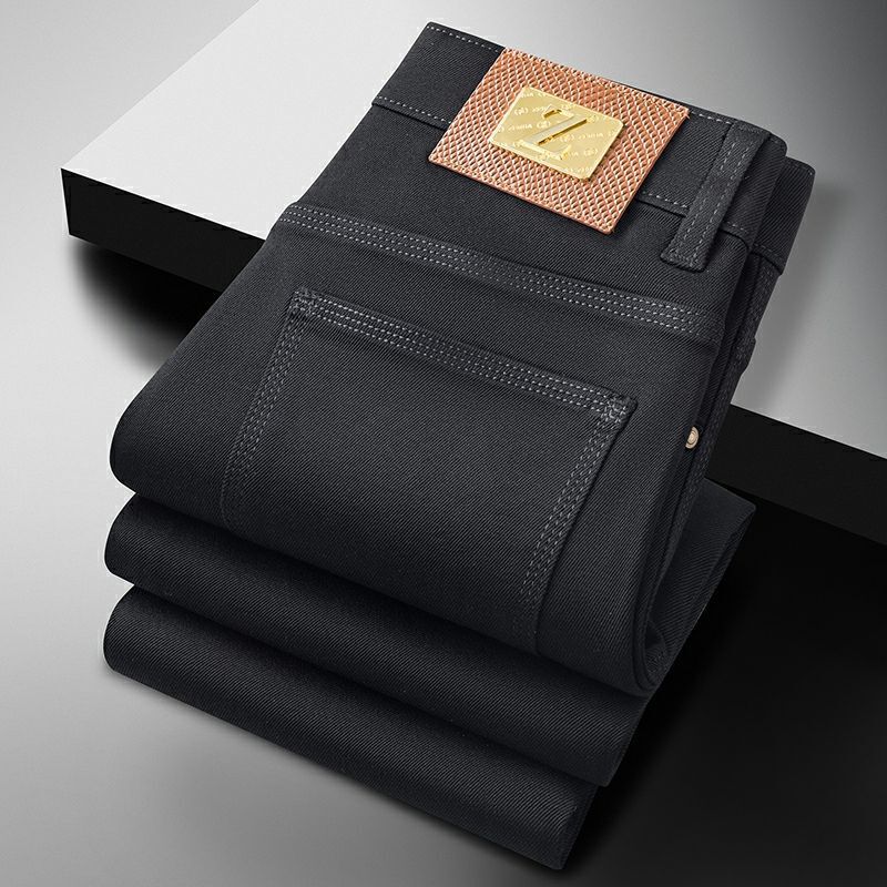 Luxury Designer Men Black Jeans, Metal Logo Leather Patch Slim Denim Pants, Business Casual Solid Color Trousers