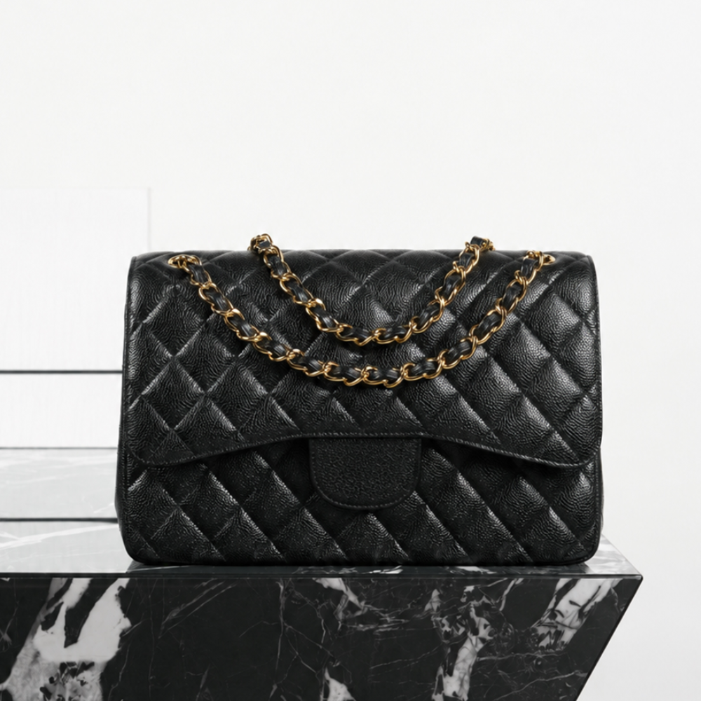 Jumbo Quilted Flap Shoulder Bag Caviar Calfskin Leather Double Chain Strap Elegant Daily Commute Top-Tier Designer Bag