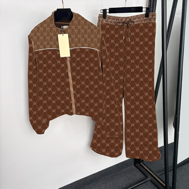 Luxury Women Vintage Jackets Pants Monogram Print Stand Collar Coats Elastic Waist Flare Pant Autumn Winter Outdoor Casual Sweatpants Outfits