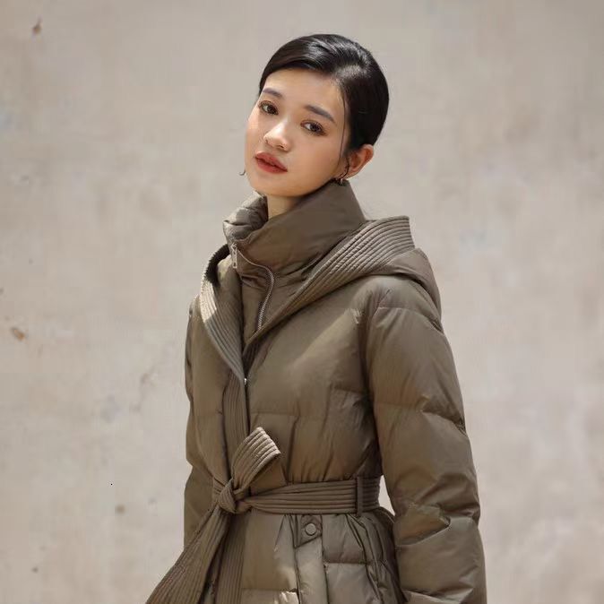 Winter New White Duck Down Hooded Jacket Women Knee Length Belted Slim Thick Warm Puffer Coat Windproof Outerwear For Daily Street Wear