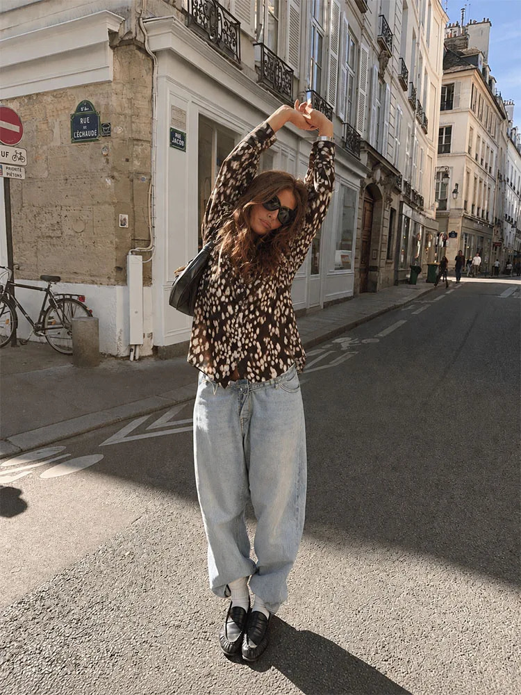 HH Women Brown Leopard Print Blouse Shirt Jacket Elegant Long Sleeve Button Up Top Vintage Style Casual Streetwear for Autumn 261019