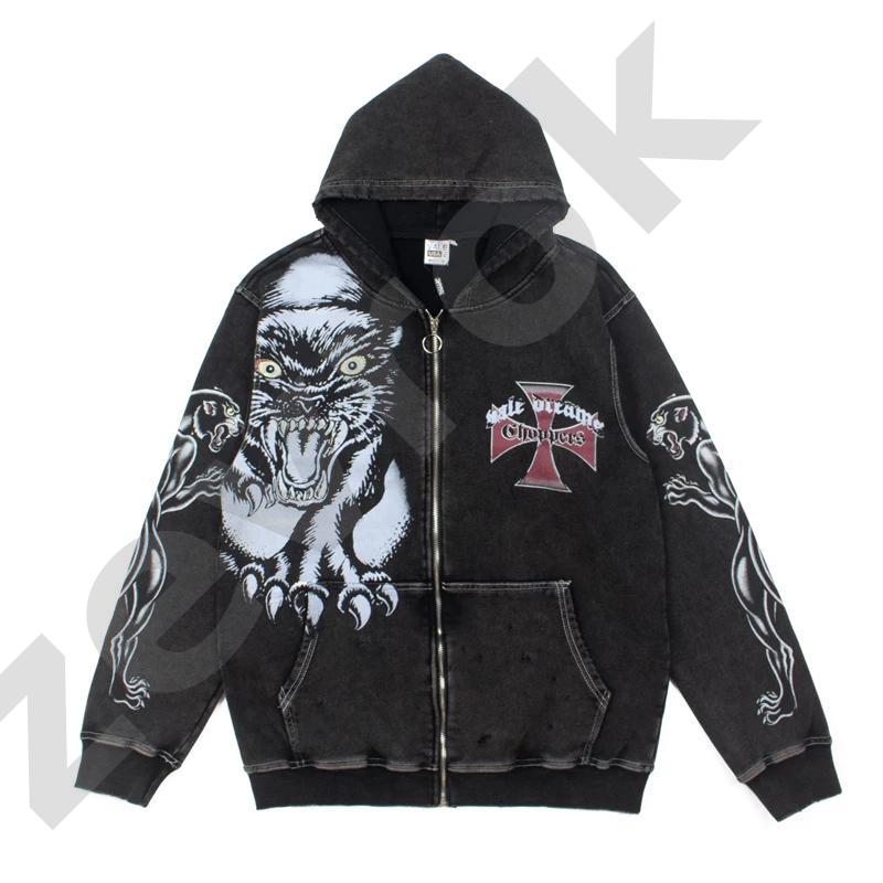 Designer High Quality Unisex Vintage Wash Distressed Tiger Print Hoodie Pullover Sweatshirt Loose Fit Kangaroo Pocket Long Sleeve Streetwear Fall Wi
