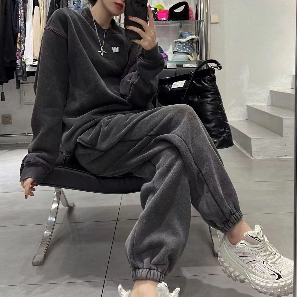 Women designer 2 piece sets tracksuit autumn fashion warm round neck hoodie sweatshirts pieces solid casual letter hoody streetwear pullovers long p
