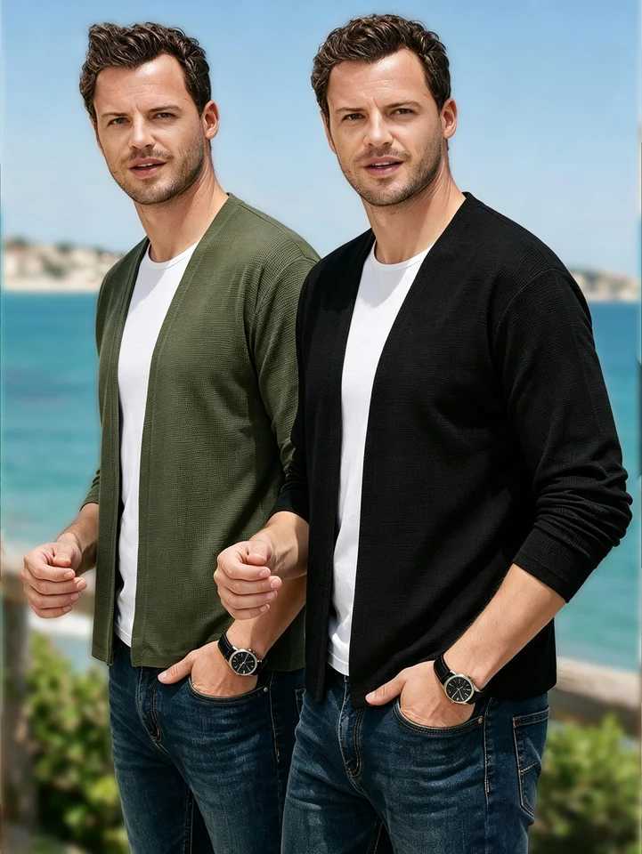 Waffle Knit Open Front Mens Cardigan V Neck Long Slve Casual Solid Color Lightweight Knitted Sweater Male Outerwear M261016