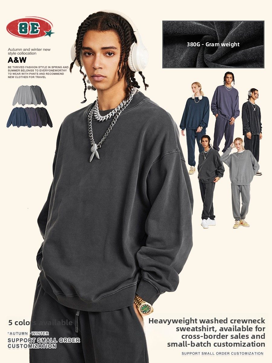 BE Clothing 2026 Autumn Vintage Washed Trendy Brand Vibe Knitted Solid Color Sweatshirt Men's Loose Long Sleeve Top Wholesale Honglu