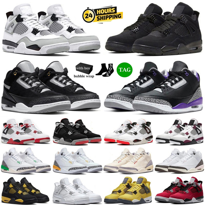 With Box Basketball Shoes 3s 4s Mens Womens Sneakers Basket Leather Black Cat 4 Bred Military Blue White Thunder Cool Grey Lightning Black Cement 3