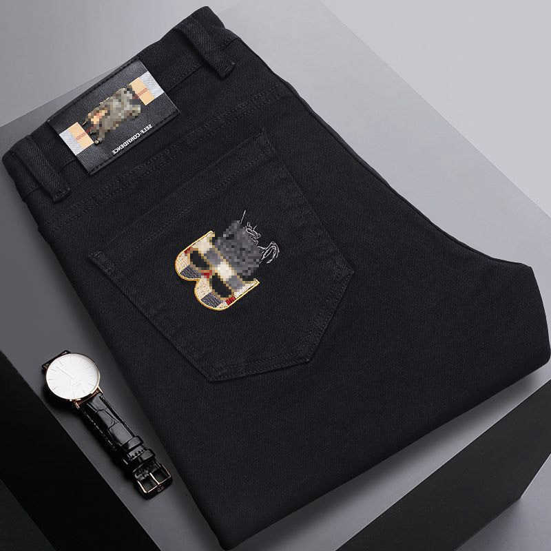 Men Jeans High End Brand Slim Fit trousers Ankle Length Denim Versatile For All Seasons Pure Black Men's Pants New Style
