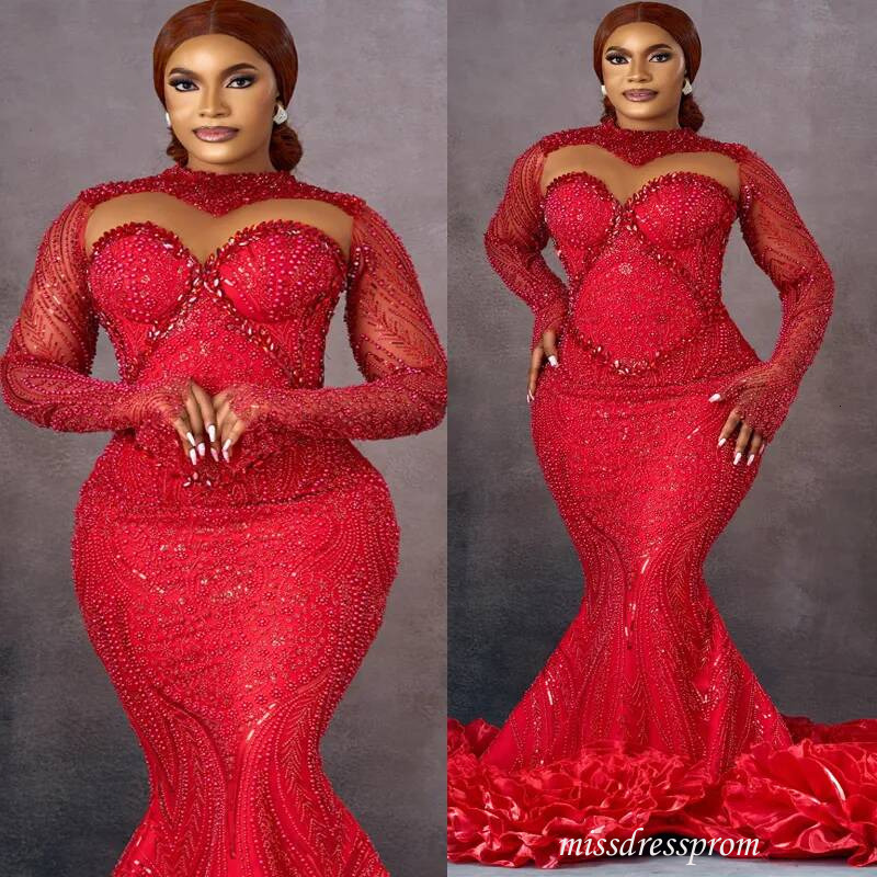 Plus Size Red Mermaid Prom Evening Dresses Robe De Sorrie Illusion High Neck Flora Beaded Lace Crystal Birthday Dress Second Reception Gown Am3825