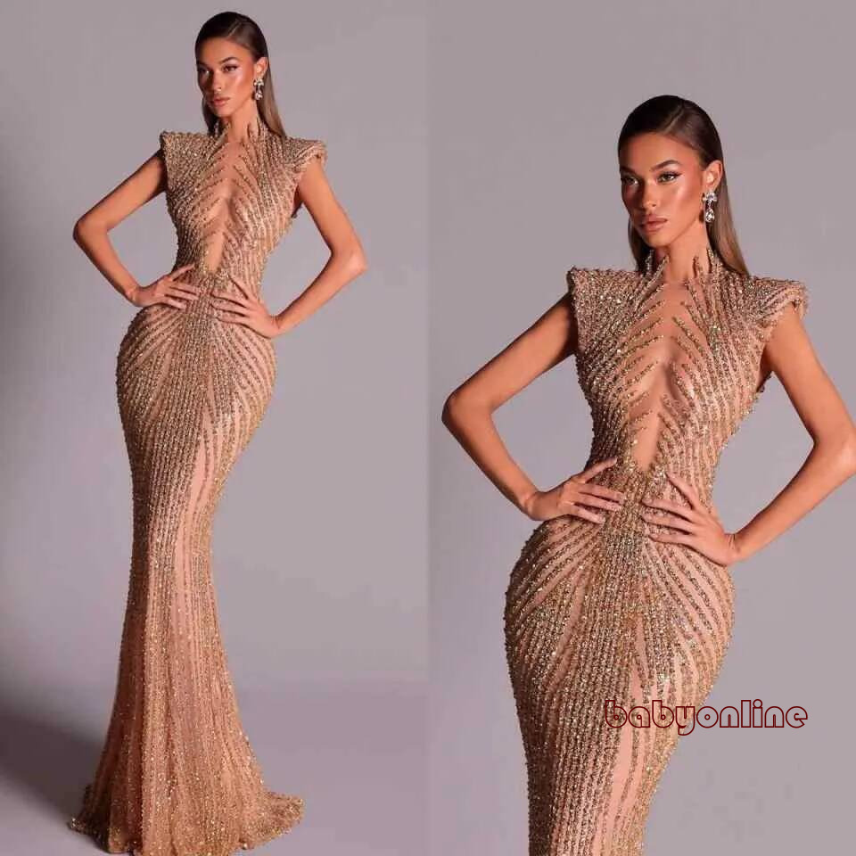 Vintage High Neck Sleeveless Evening Dresses Shiny Sequined Lace Mermaid Prom Dress Customized Floor Length Party Gown