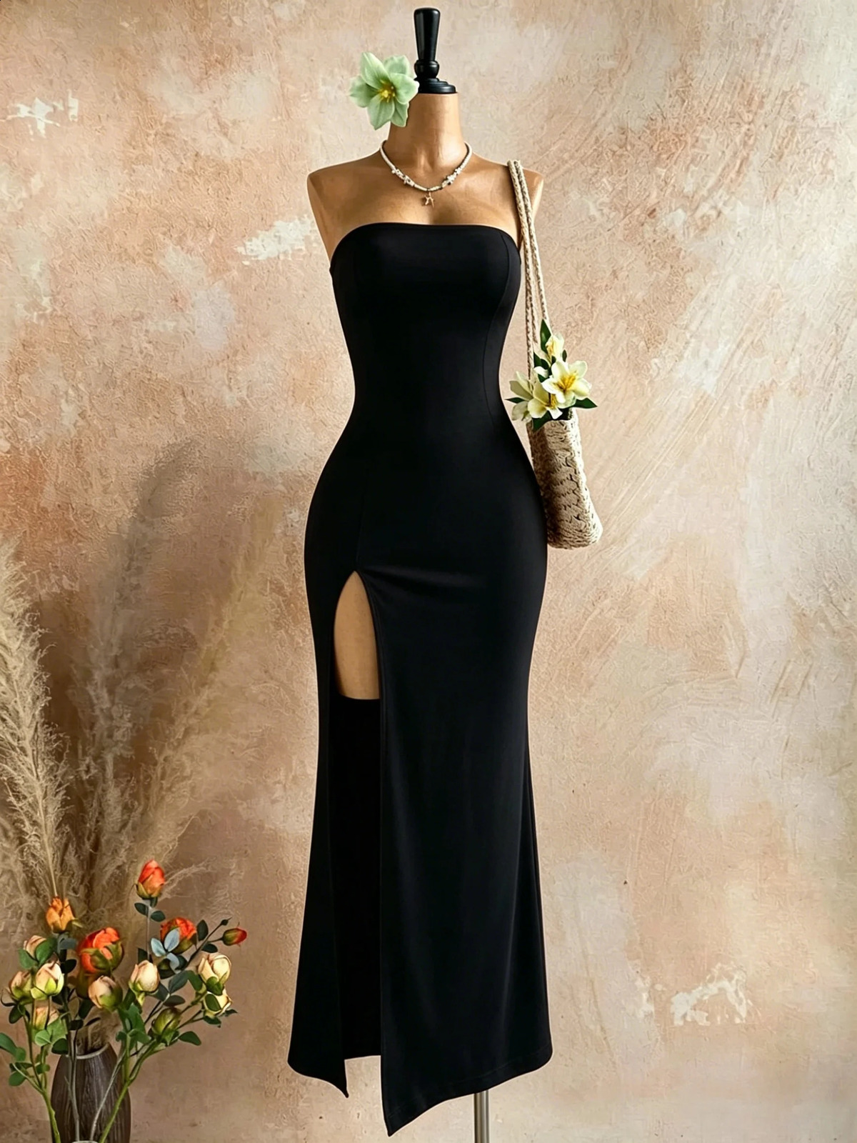 Women Strapless Tube Top Midi Bodycon Dress High Side Slit Solid Black Sleeveless Slim Fit Evening Party Long Dress 261015