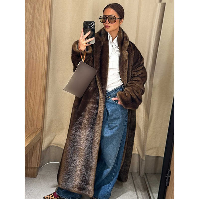 Womens Designer Mink Fur Long Coat Dark Brown Lapel Oversized Winter Warm Trench Outerwear Fashion Brown Faux Fur Coat Women