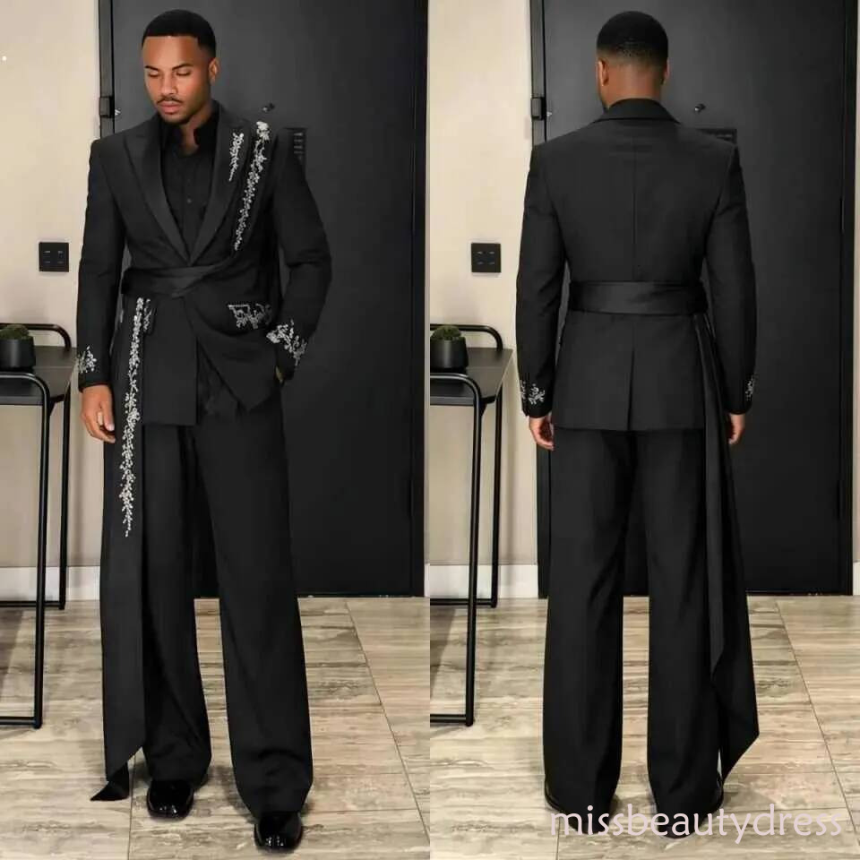 Black Man Tuxedos With Cap 2 Pieces Classic Fit Crystal Groom Trousers Suits Male Wedding Birthday Party Guest Wear Customized