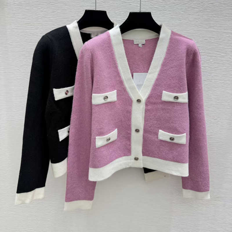 Women's Sweaters designer 26 Autumn New Elegant V-neck Color-block Cardigan Sweater with 5-button design, creating youthful and stylish look