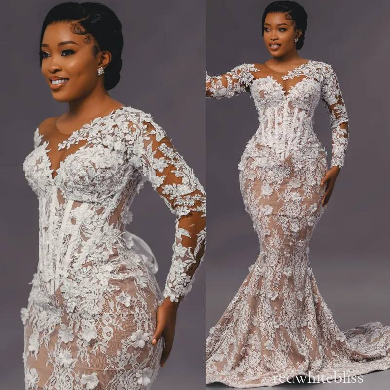 Plus Size For Bride Mermaid Wedding Gowns Long Sleeves Pearl Crystals Tiers Tulle Sequined Beaded Lace Rhinestones Bridal Dress D946