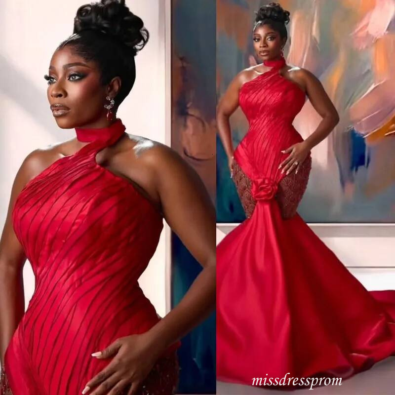 Aso Ebi Red Prom Dress Mermaid Evening Dresses Formal Gowns Halter Pearls Flora Illusion Beaded Lace Crystals Birthday Second Reception Gown Am3699