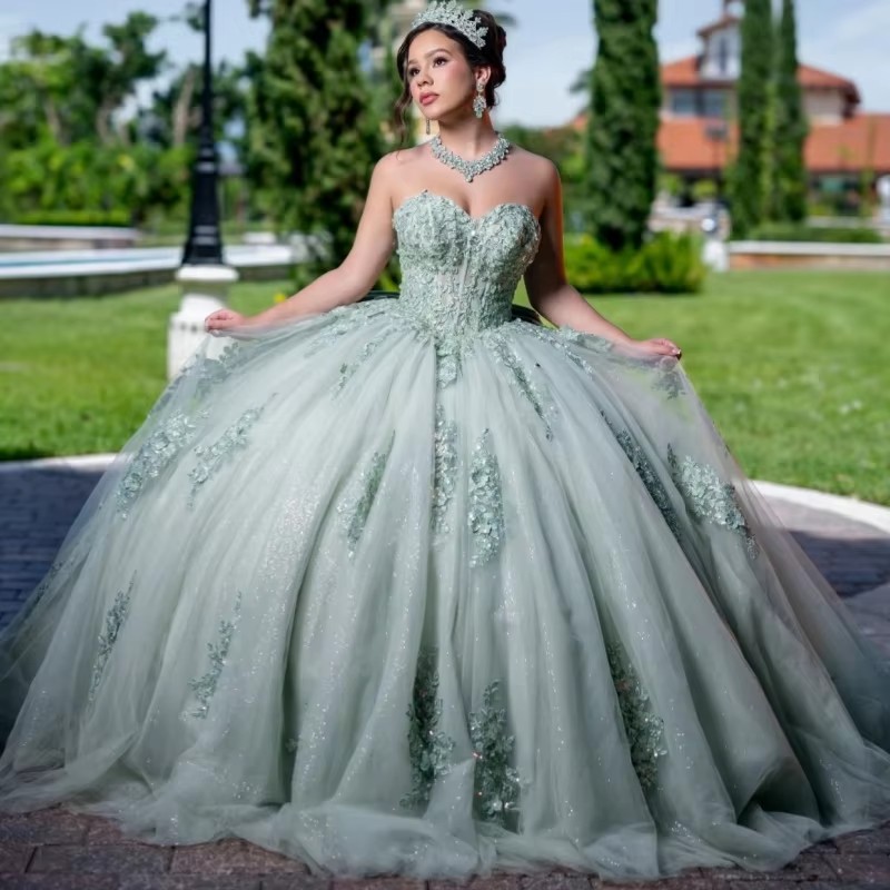 Mint Green Glitter Quinceanera Dresses Off Shoulder Ball Gown Sweet 16 Dress Applique Lace Beading Crystal Bow Tull Long Tail Party Birthday vestido