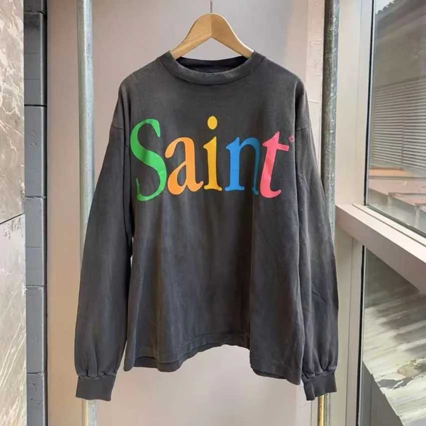 Oversize 2025 New Washed Saint Colorful Print Long Sleeve T Shirt Men Women Tee Cotton Tops Loose T-Shirt T261019