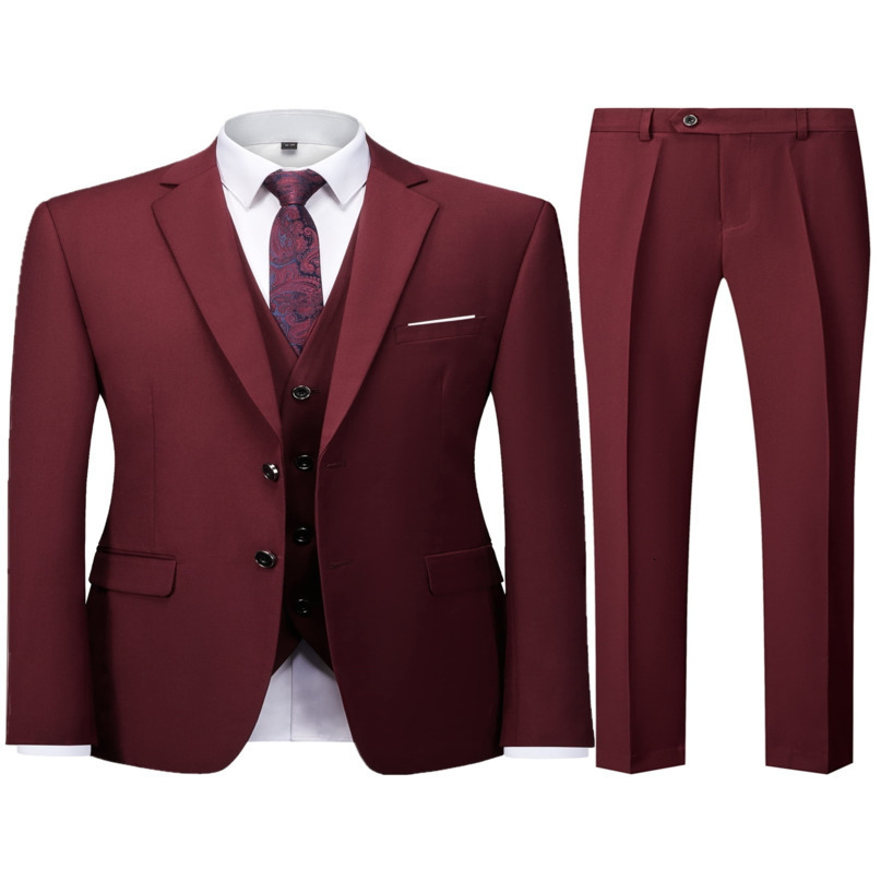 Mens Burgundy 2Piece Suit Set Blazer Trousers Only No Vest Included Slim Fit Formal Business Wedding Party Jacket Pants 261019