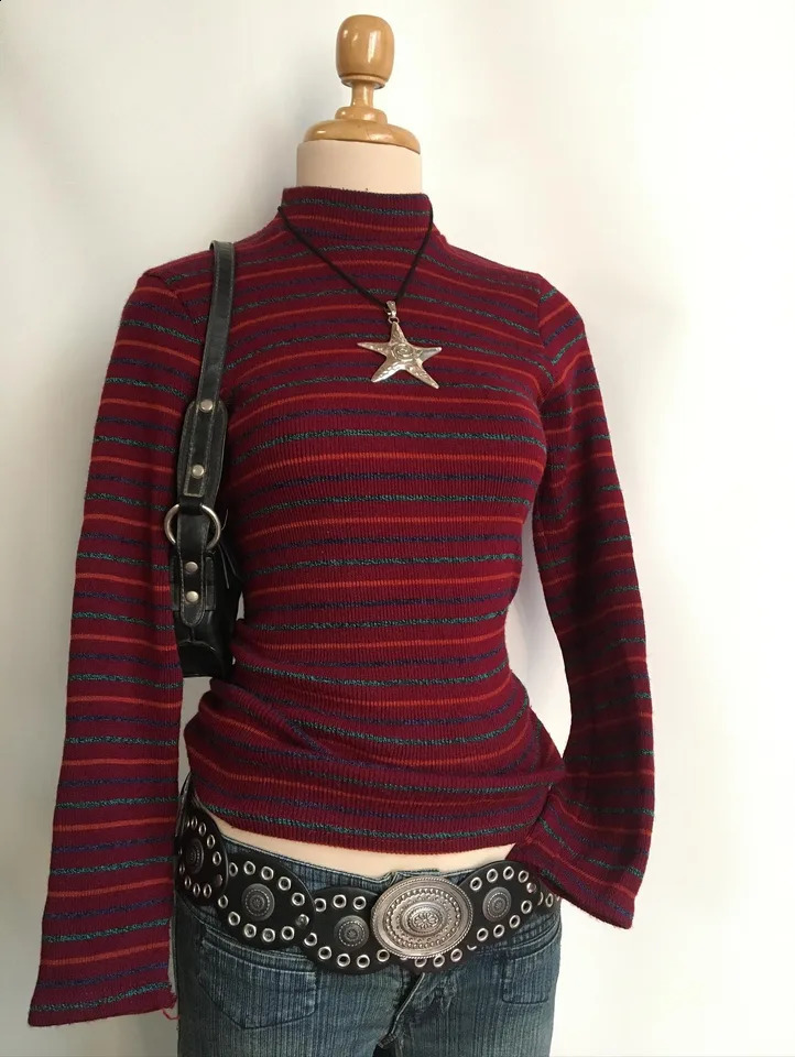 Vintage Striped Turtleneck Knit Sweater Women Y2K Slim Fit Long Sleeve Ribbed Jumper Retro Color Stripe High Neck Pullover Fall 261014