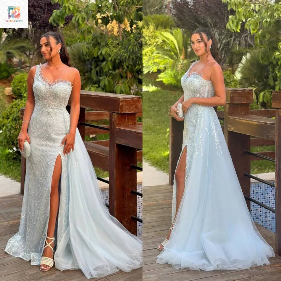 One Shoulder Mermaid Evening Dresses Gorgeous Split Sweep Train Prom Dress Sequins Beading Party Gown Customized Mb017