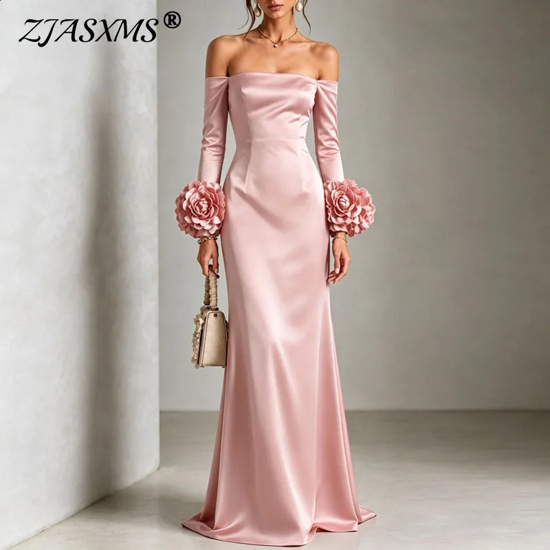 3D Flower Off Shoulder Formal Long Dress Women Long Sleeve Mermaid Floor Length Maxi Gown Elegant Guest Prom Evening Party Dress 261015
