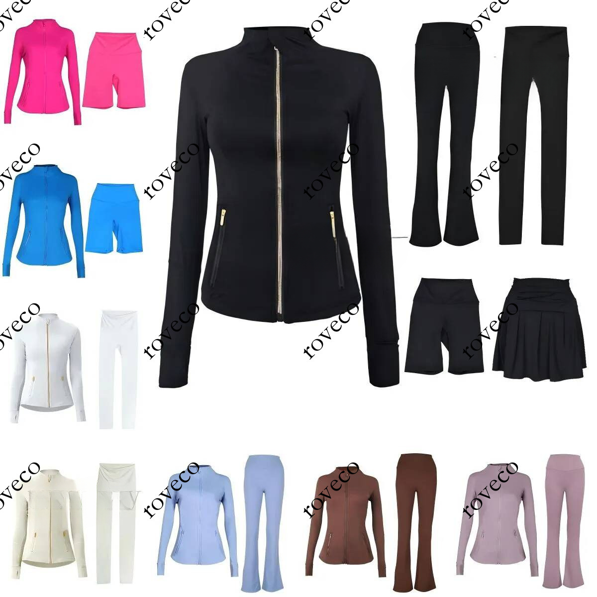 Workout Yoga set womens Cropped Jacket Black Cream Gold Zipper Leggings Exercise Long Gym Exposed Sportswear pants sets Sweatshirt Jakets Set