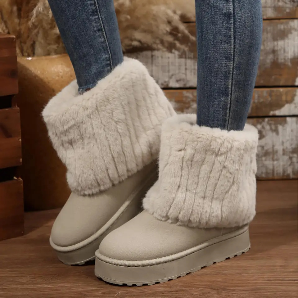 Women's Winter Warm Snow Boots Fashion Slip On Plush Lined Mid Calf Comfortable Indoor Outdoor Shoes 260917