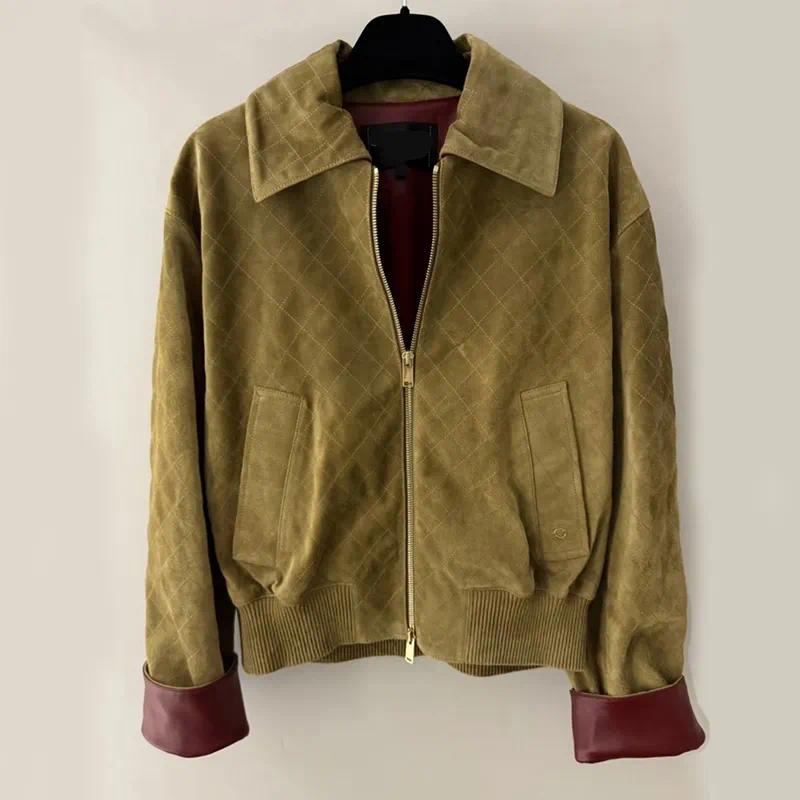 Women Vintage Quilted Suede Bomber Jacket Turn Down Collar Color Block Wine Red Leather Patchwork Zip Up Cropped Outerwear Ladies Retro Short Coat F