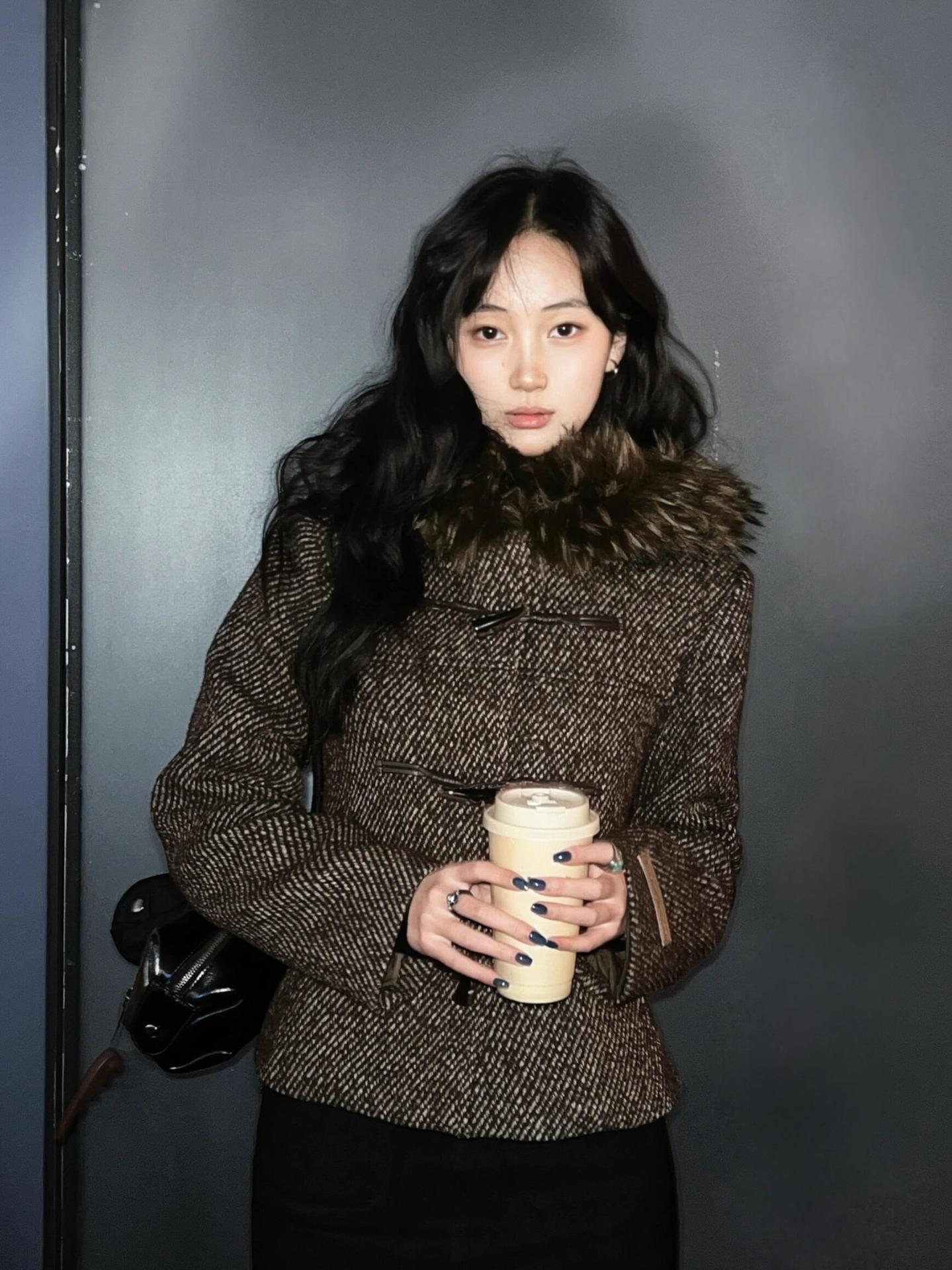 Correct Version! Twill Wool Detachable Collar Slim-Fit Woolen Coat For Women, Short Style, Waist-Cinching, Autumn And Winter MAKOUFEI