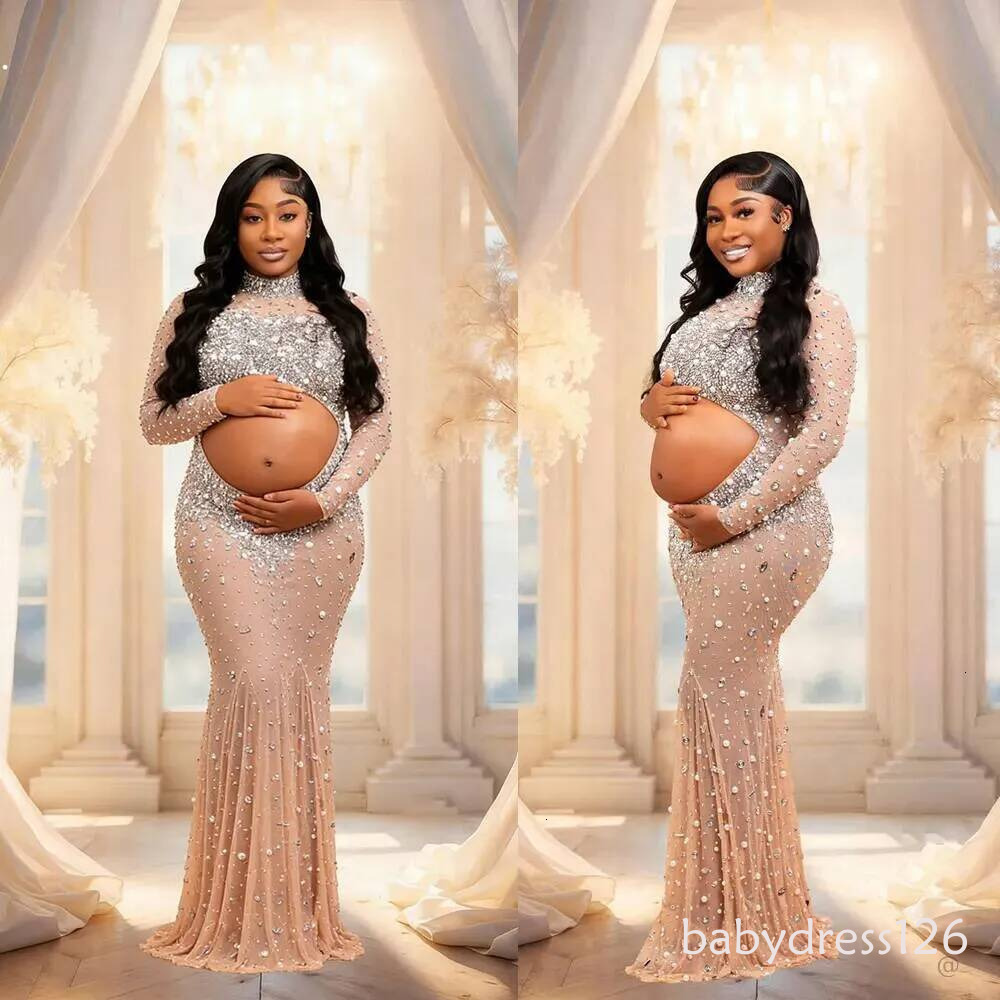 Luxury Pearls Maternity Photography Sparkle Crystals Long Sleeve High Neck Baby Shower Dress Fashion Beaded Special Occasions Gowns Custom Made